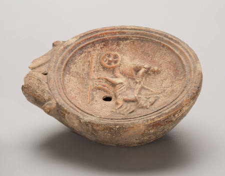 Oil lamp depicting chariot driver and two horses