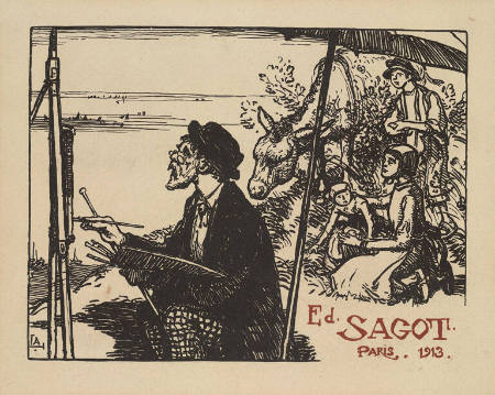 Ed. Sagot, Paris, 1913 [self-portrait of the artist with easel, peasant family with mule at right]