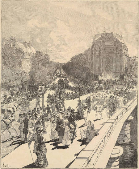 A Paris, Le Monome des Élèves de l'école Polytechnique sur la Place Saint-Michel