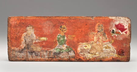 Leaves / coverings from a book; carvings on outside, three figures painted on inside