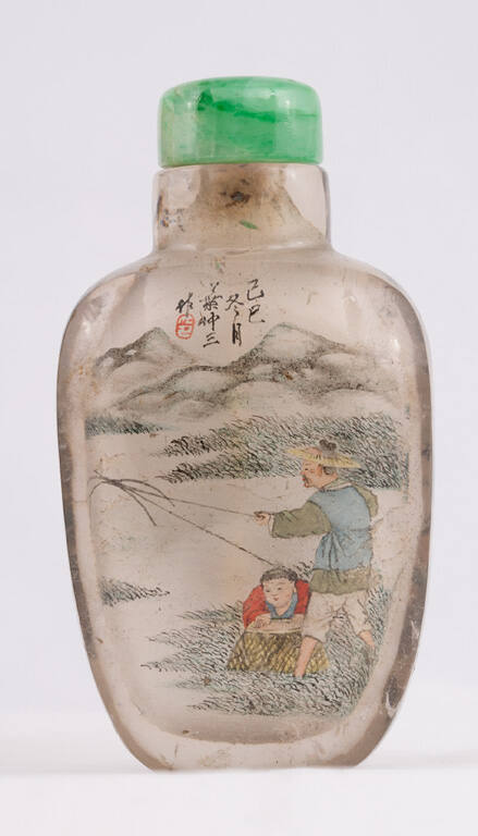 Snuff bottle with designs of a father and son fishing by a mountainside and a boy sitting on a water buffalo in the countryside