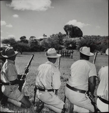 [Botswana police prepare for Bantu riot over the possible deposing of Bamangwato tribal chief Seretse Khama who has been called to England to defend his right to remain head of his country after marrying English white woman]