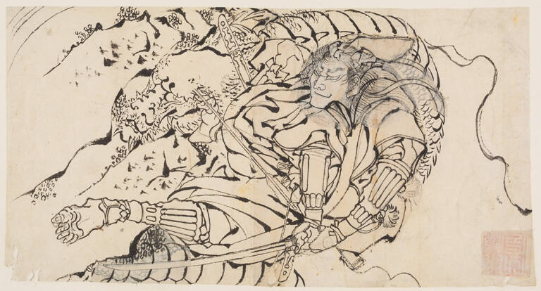 Warrior Fighting a Dragon with Sword