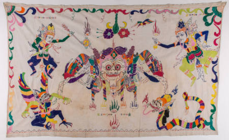 Rectangular hanging (tabing) depicting Sanjang Durge, Betara Wisnu, Garuda Betara and Siwa