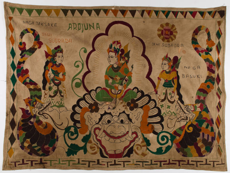 Rectangular hanging (tabing) showing Arjuna seated on Bomo, a scene from the Mahabharata