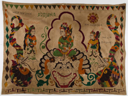 Rectangular hanging (tabing) showing Arjuna seated on Bomo, a scene from the Mahabharata