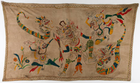 Rectangular hanging (tabing) with a scene of Hanuman Throwing a Rock at Kumbakarna, from the Ramayana