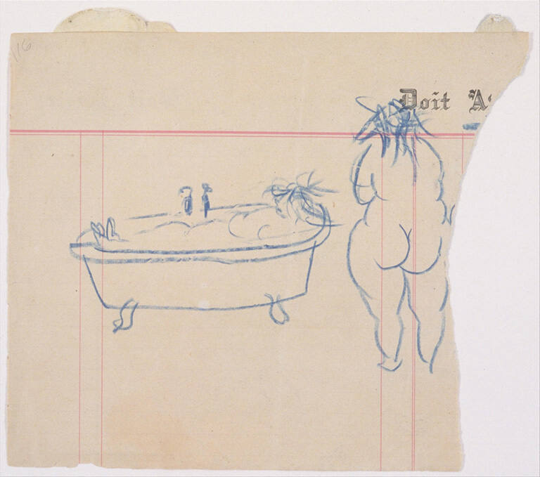 Marie-Therese in the Bath (recto), and collage with girl holding beach ball, and sketches of fish and birds (verso)
