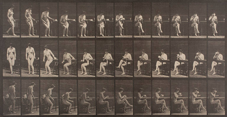 Sitting on chair, crossing legs, drinking from tea cup, Plate 238 from Animal Locomotion