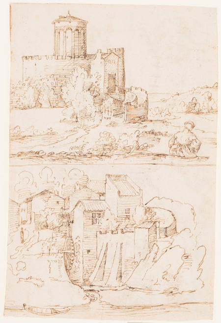 Three sketches on a single sheet: a castle and a woman seated (recto, top); a watermill (recto, bottom); and a landscape with buildings (verso)