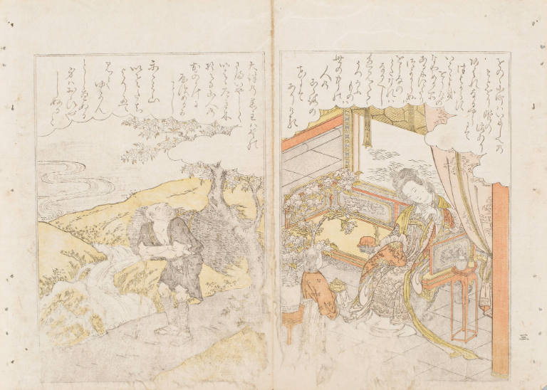Chinese woman (right), and man by a stream (left), from the series Nishiki hyakunin isshu azuma-ori (Eastern Brocade of One Hundred Poems by One Hundred Poets)