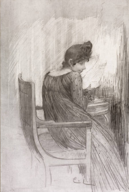 Portrait of a Woman Seated at a Table Reading a Newspaper