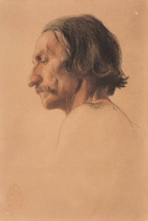 Portrait of a mustachioed man with bare shoulders