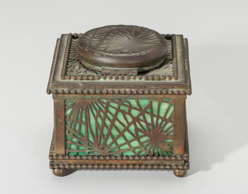 Spider web motif Inkwell with pierced sides, and having a round lid witha beaded edge