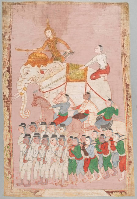 King Sanjaya and his army go to find Vessantara; and Indra grants wishes to Vessantara’s mother Queen Phusati, illustrations from a Vessantara set