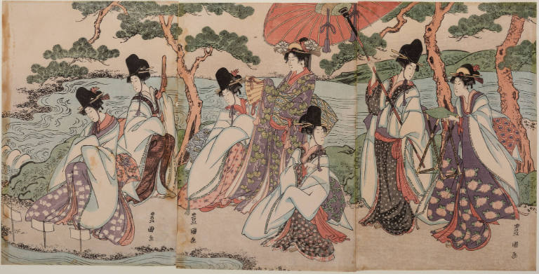 Noble Lady and Attendants under Pine Trees at the Shore