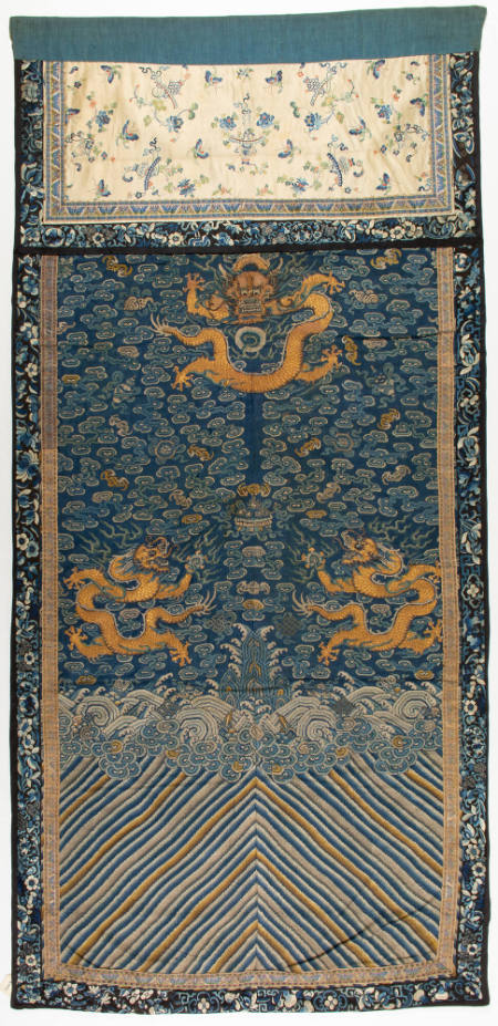 Part of a robe with design of three dragons above waves