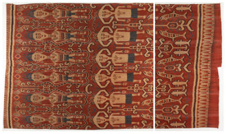 Pua kumbu ceremonial hanging with pattern of blue-haired men