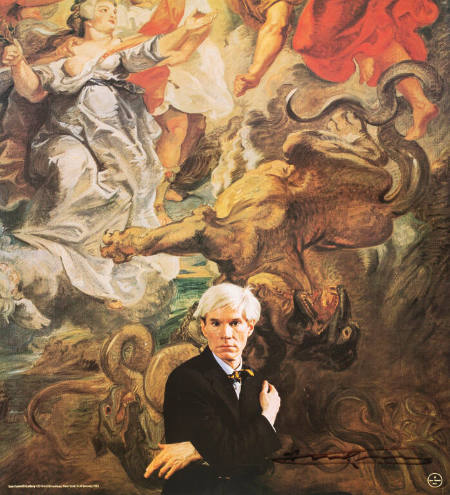 Poster from Leo Castelli Gallery showing Andy Warhol in front of a Rubens painting
