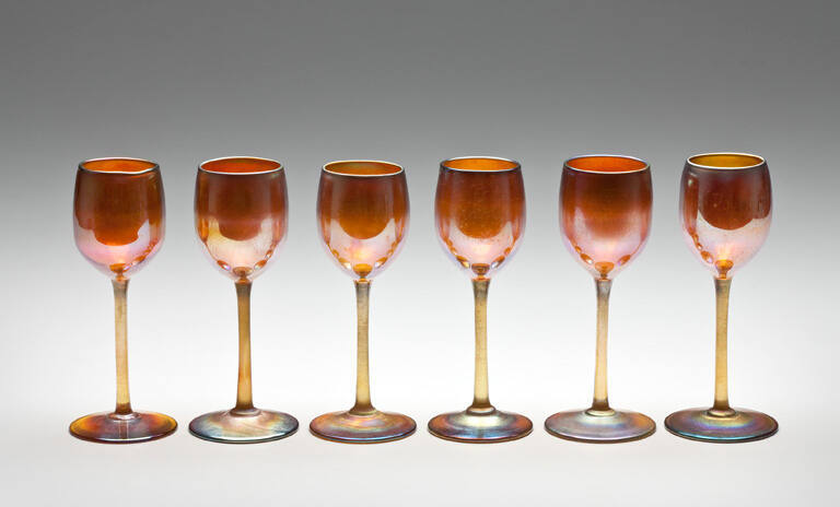 Set of six orange lustre cordial glasses