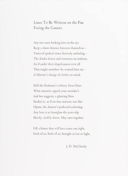 Poem by J.D. McClatchy, "Lines To Be Written on the Fan Facing the Camera" from the portfolio All About Doris