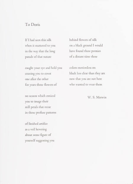 Poem by W.S. Merwin, "To Doris" from the portfolio All About Doris