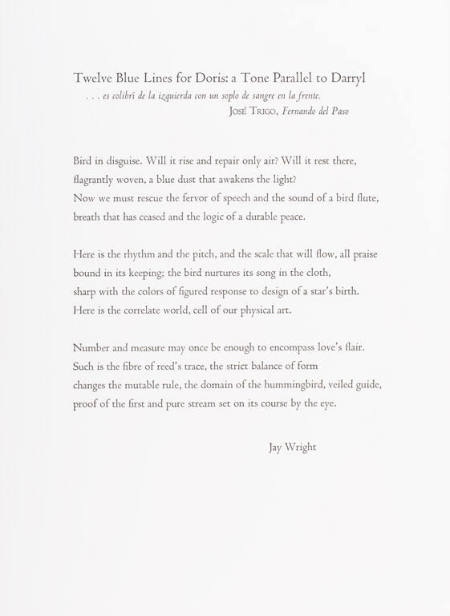 Poem by Jay Wright, "Twelve Blue Lines for Doris: a Tone Parallel to Darryl" from the portfolio All About Doris