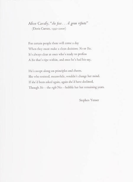 Poem by Stephen Yenser, "After Cavafy..." from the portfolio All About Doris