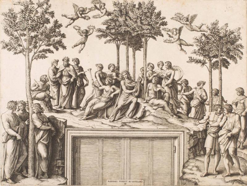 Apollo sitting on Parnassus surrounded by the muses and famous poets