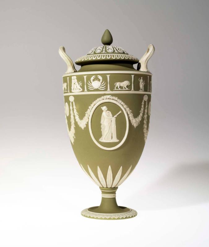 Jasperware lidded vase decorated with signs of the zodiac