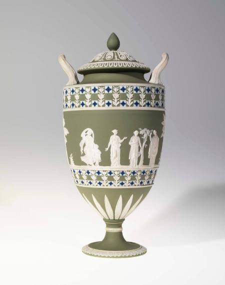 Jasperware lidded vase decorated with blue quatrefoils and classical figures