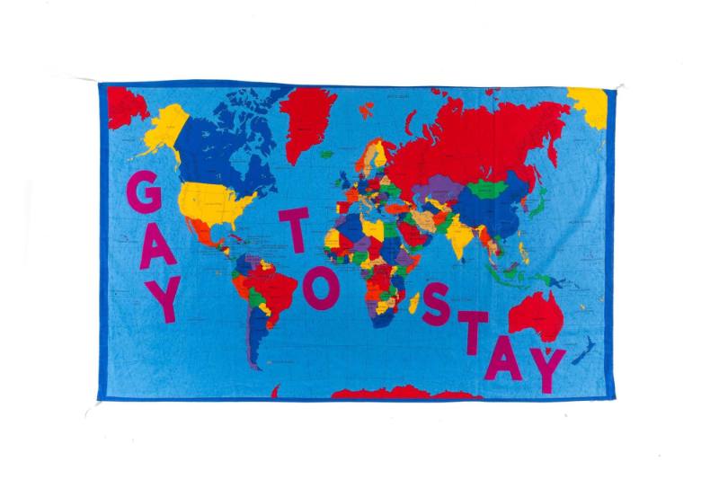 Gay to Stay, from the artist's Protest Banner Lending Library (2016–ongoing), created by an anonymous workshop participant during the Johnson Museum exhibition, how the light gets in (September 7–December 8, 2019)