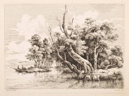 Landscape with cattle drinking, man fishing