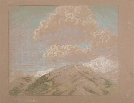 Landscape of mountain tops and cloud formations—possibly the Upper Pecos Valley