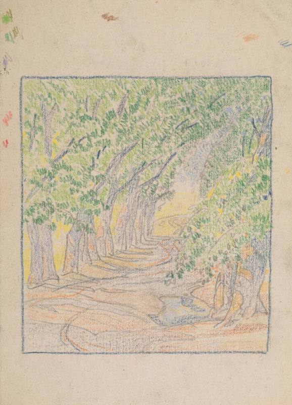 Tree-lined lane drawn in purple, green, yellow, and orange