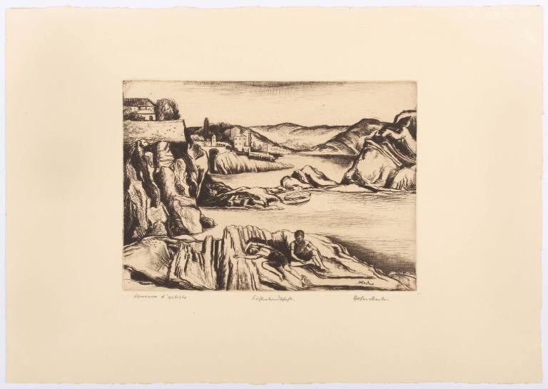 Untitled (Two figures reclining on rocks in seascape)