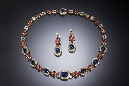 Sapphire, Ruby, and Diamond Necklace and Earrings