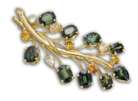 Green Sapphire Diamond Brooch