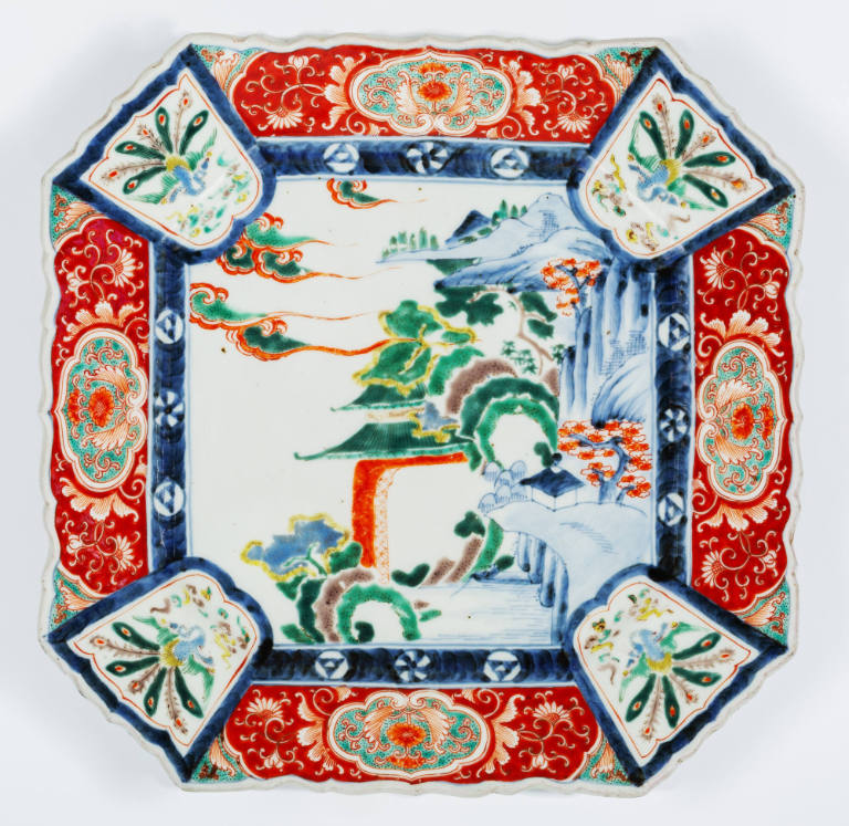 Semi-octagonal charger decorated with traditional landscape scene