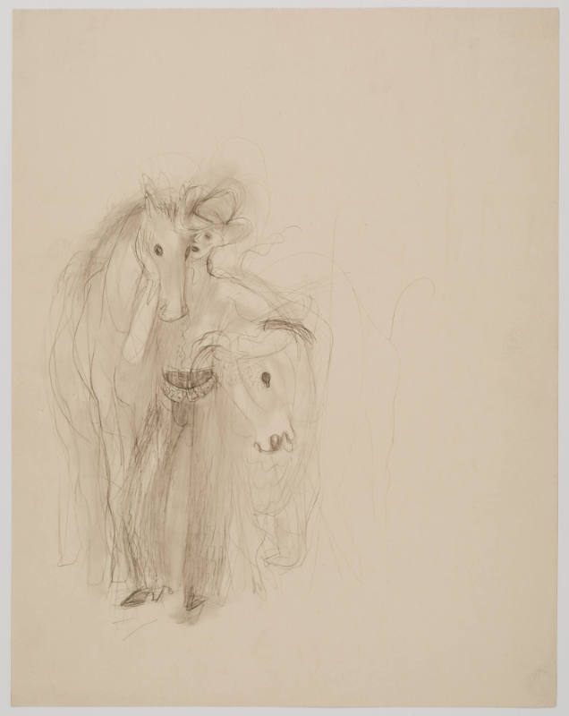 Sketch of a cowboy with a horse and a bull