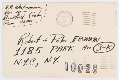 Double-sided letter from H. C. Westermann to Robert and Peter Fumkin [Dear Petey + Robert; silhouettes of men; racoon], with envelope