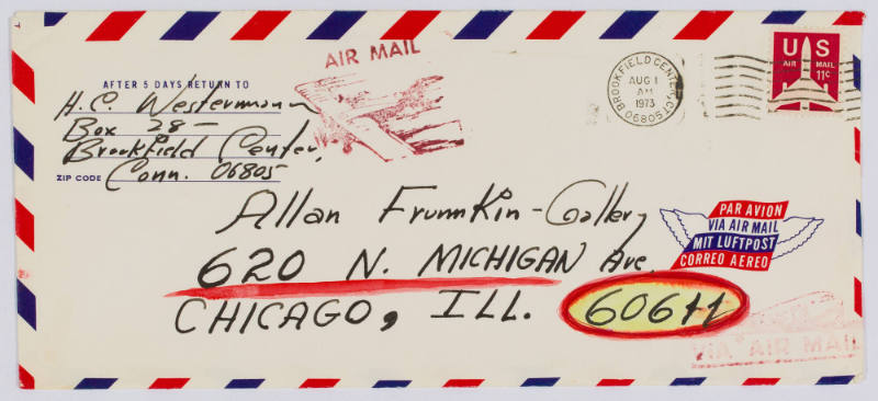 Three-page letter from H. C. Westermann to Allan Frumkin [featherless bird with large beak and anchor], with envelope