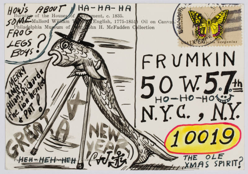 Postcard from H. C. Westermann to the Allan Frumkin Gallery [fish with matchstick crutches and top hat; reproduction image of Turner’s “Burning of the Houses of Parliament”]