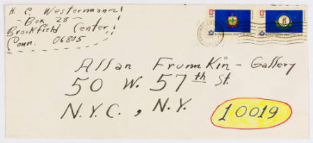 Envelope from H. C. Westermann to the Frumkin Gallery [strange bird, water, and rocky island]