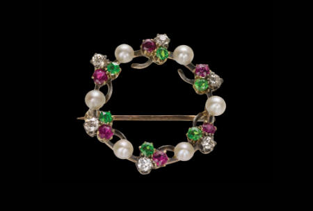 Demantoid Garnet, Ruby, and Diamond Brooch