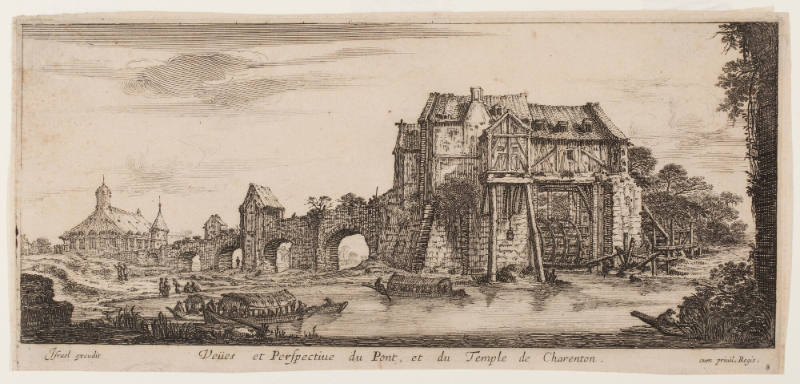 Veues et Perspective du Pont, et du Temple de Charenton