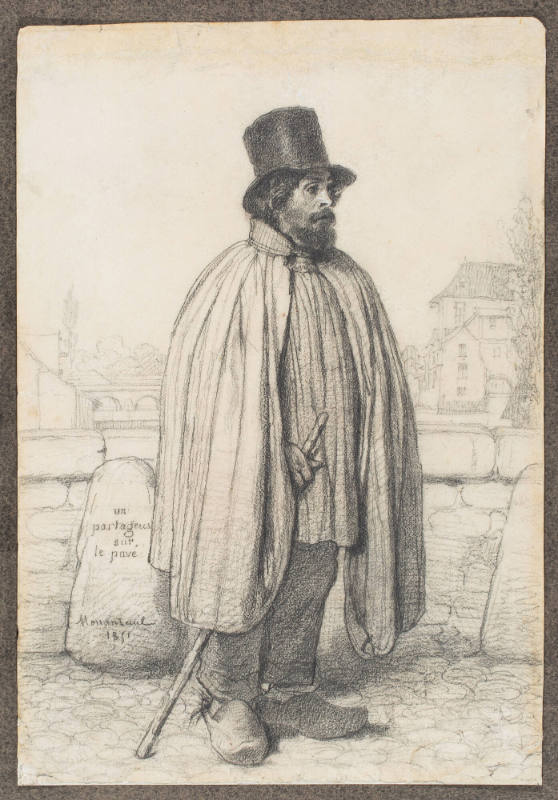 Un partageux sur le pavé (A man standing on a bridge wearing clogs and a top hat)