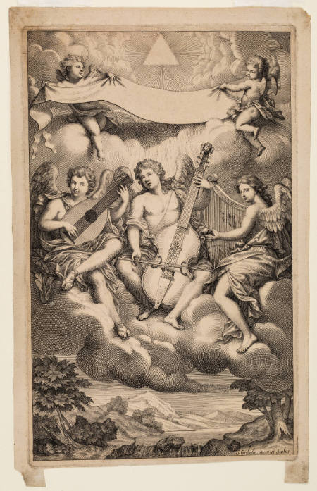 Three angels with instruments and two putti with banner