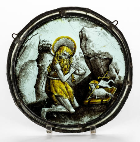Silver stained glass roundel depicting St. John the Baptist Worshipping the Lamb