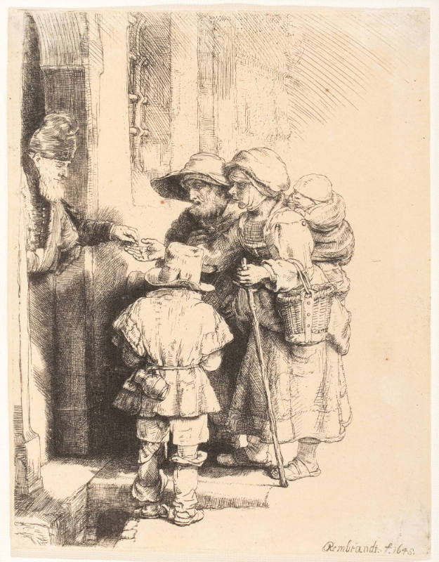 A Blind Hurdy-Gurdy Player and Family Receiving Alms